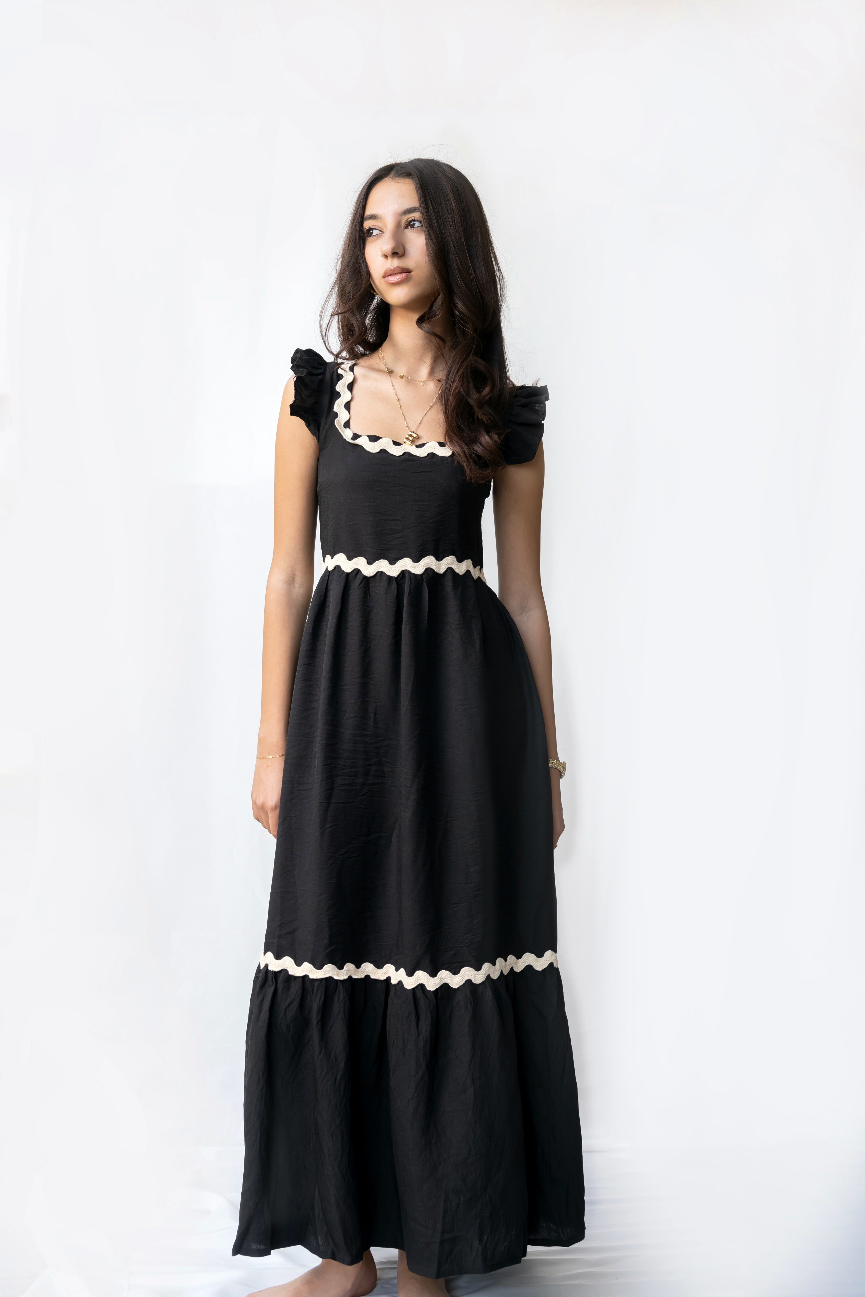 【LOULOUSEOUL】Ribbon Tie Classic Dress (Black) Black Maxi Dress - Tie-Strap Dress - Square Neck Maxi Dress